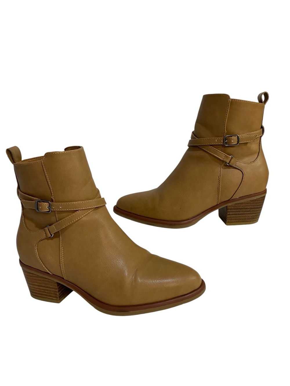 MIA Boots Tan Leather-Look Ankle Wrap Strap Block Heel Size 7